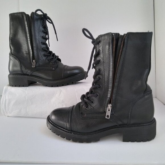 Black Leather Double Sided Zips/ Lace Up Combat Boots with Lugged Soles Sz 6.5 - Picture 9 of 11